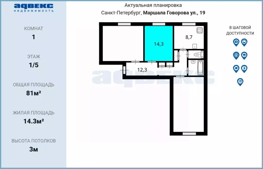 Комната Санкт-Петербург ул. Маршала Говорова, 19 (14.3 м) - Фото 2