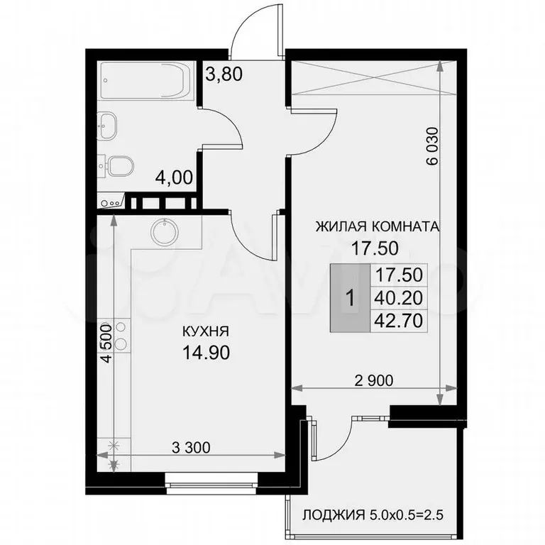 1-к. квартира, 42,7 м, 7/7 эт. - Фото 1