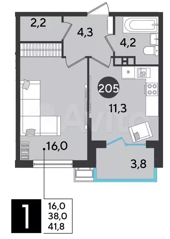 1-к. квартира, 41,8 м, 8/9 эт. - Фото 1