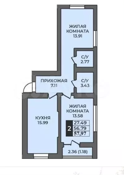 2-к. квартира, 58 м, 2/12 эт. - Фото 1