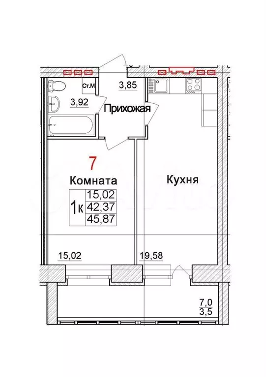 1-к. квартира, 45,9 м, 2/4 эт. - Фото 0