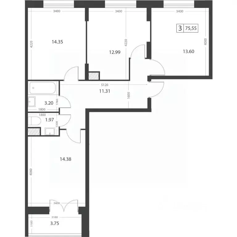 3-к кв. Тверская область, Тверь Южный мкр,  (75.55 м) - Фото 2