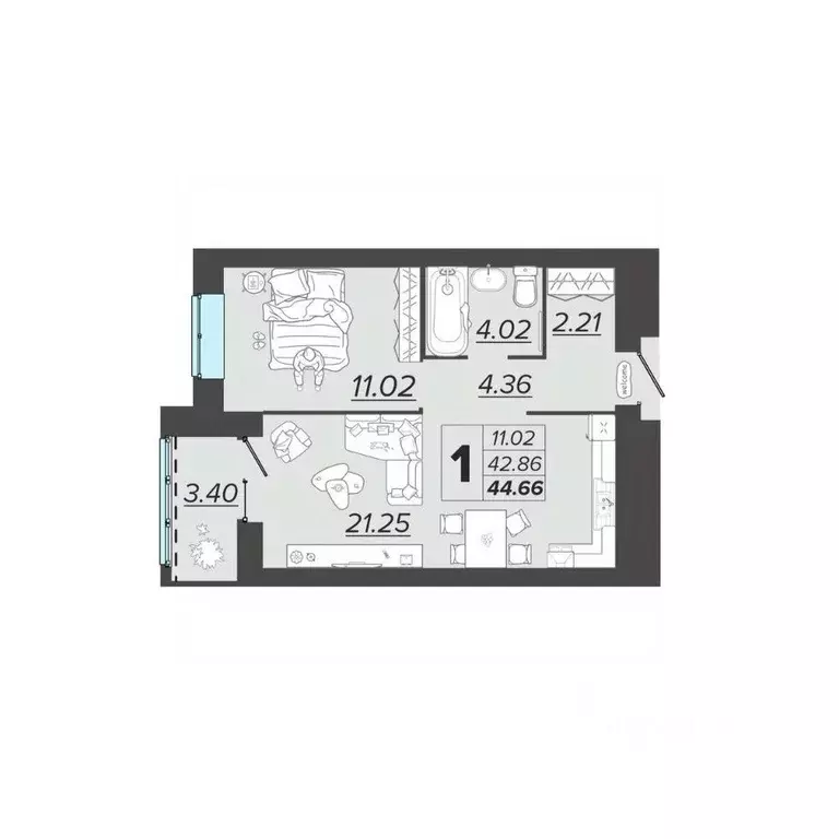 1-к кв. Брянская область, Брянск Архитектор жилой комплекс (44.66 м) - Фото 1