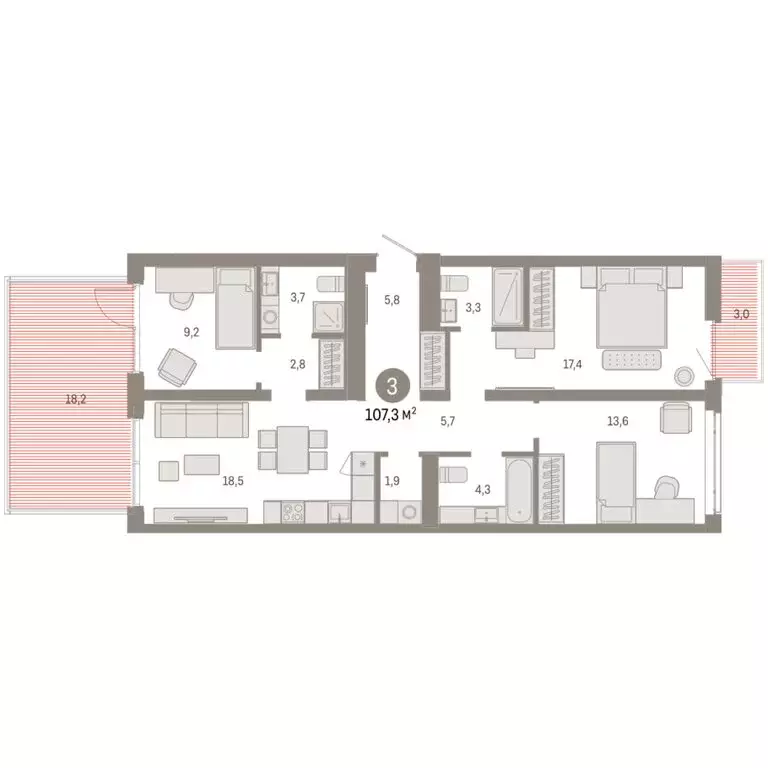 3-комнатная квартира: Тюмень, улица Республики, 205к3 (107.32 м) - Фото 1