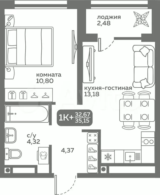 1-к. квартира, 32,7 м, 15/20 эт. - Фото 0