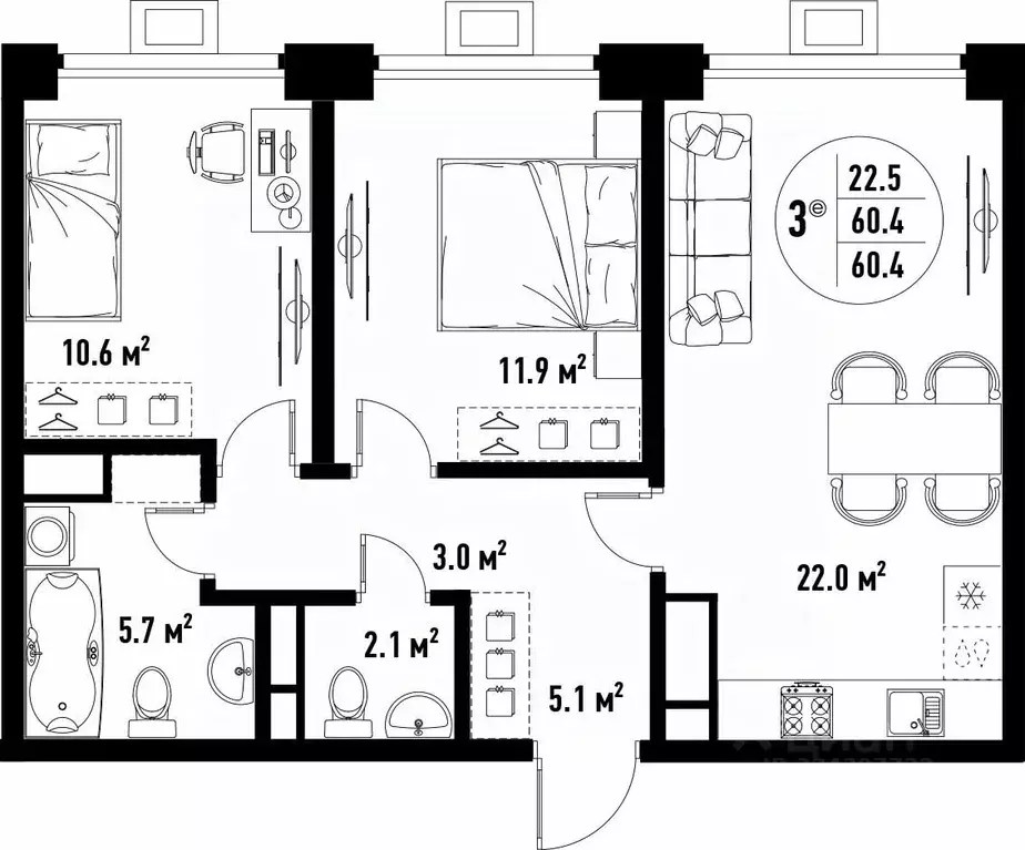 3-к кв. Астраханская область, Астрахань ул. Бэра, 29 (60.4 м) - Фото 2
