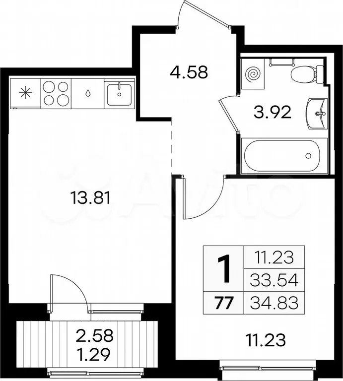 1-к. квартира, 34,8 м, 7/9 эт. - Фото 0