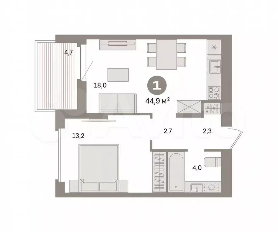 1-к. квартира, 45 м, 5/9 эт. - Фото 0