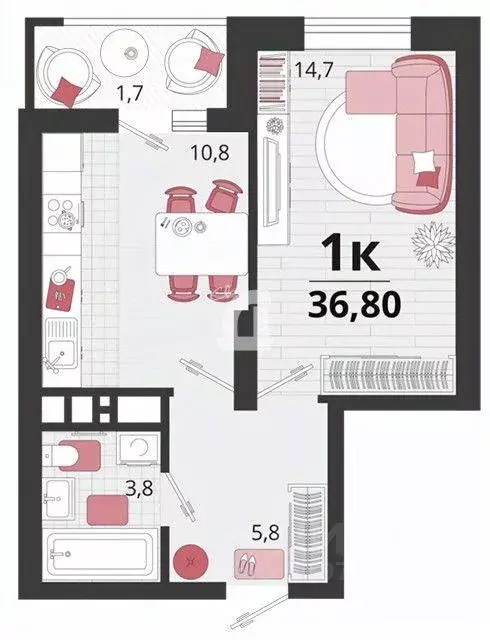 Квартира, 1 комната, 36.79 м - Фото 0