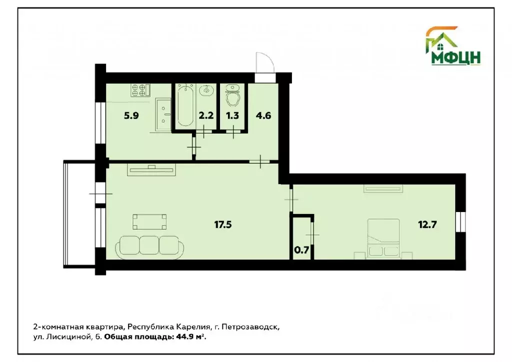2-к кв. Карелия, Петрозаводск ул. Лисицыной, 6 (44.9 м) - Фото 1