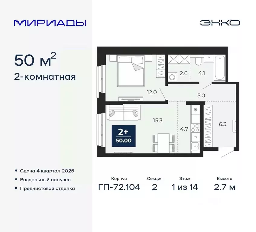 2-к кв. Тюменская область, Тюмень Мириады жилой комплекс (50.0 м) - Фото 0