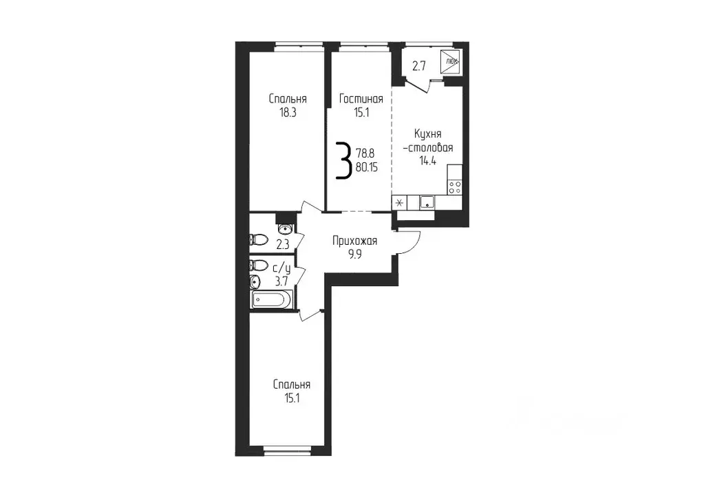 3-к кв. Башкортостан, Уфа ул. Бородинская, 19 (80.15 м) - Фото 1