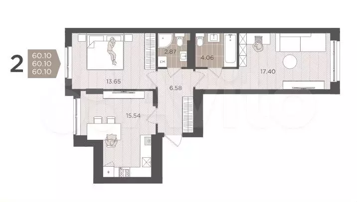 2-к. квартира, 60,1 м, 4/9 эт. - Фото 1