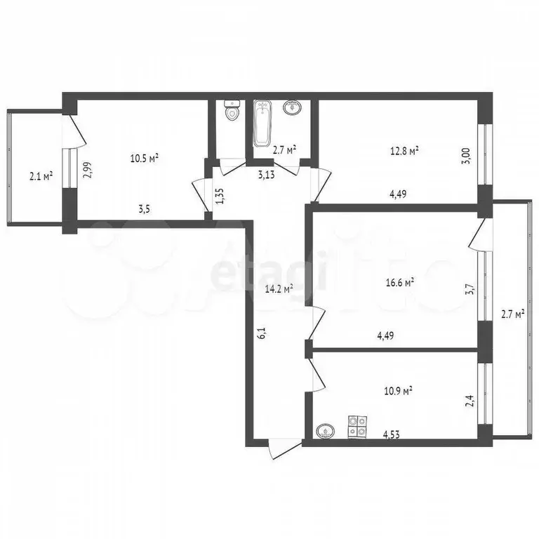 3-к. квартира, 68,5 м, 7/9 эт. - Фото 0