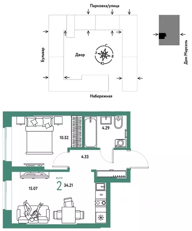 2-к кв. Тюменская область, Тюмень Береговая ул., 100к2 (34.21 м) - Фото 1