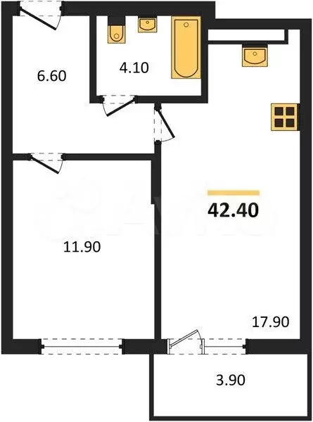 1-к. квартира, 42,4 м, 2/4 эт. - Фото 1