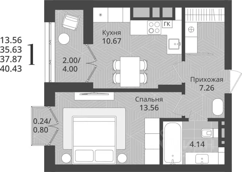1-к кв. Калининградская область, Калининград Осенняя ул., 34 (37.87 м) - Фото 1