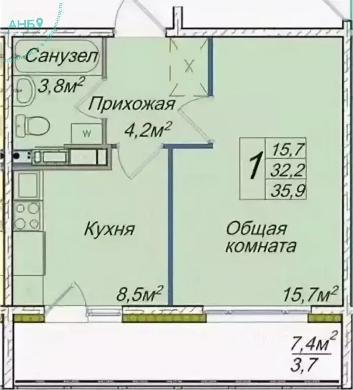 Студия Новосибирская область, Новосибирск ул. Ясный Берег, 15 (32.3 м) - Фото 1