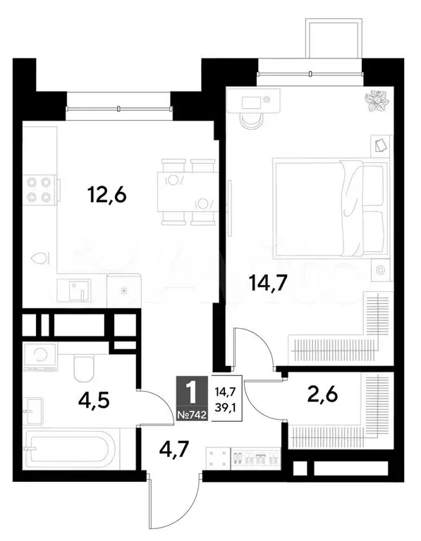 1-к. квартира, 39,1 м, 15/21 эт. - Фото 0