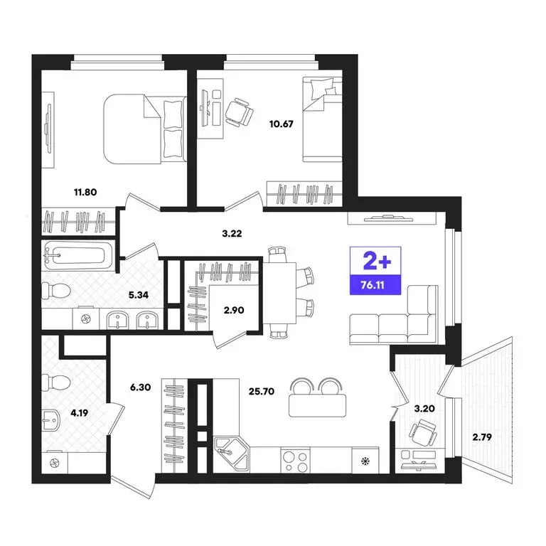 2-комнатная квартира: Тюмень, жилой комплекс Отличие (76.11 м) - Фото 0
