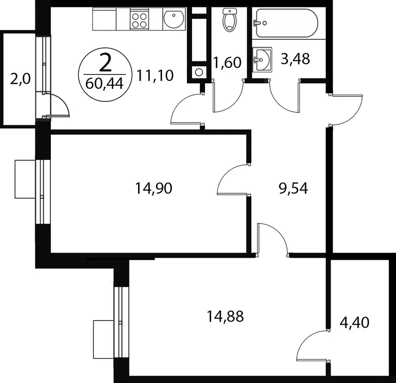 2-к квартира, 60.44 м - Фото 0