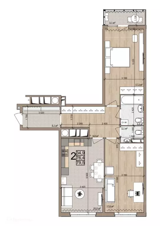 2-к кв. Рязанская область, Рязань Быстрецкая ул., 21к4 (79.5 м) - Фото 1