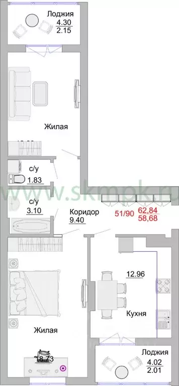 2-к кв. Калининградская область, Пионерский Портовая ул., 5 (69.1 м) - Фото 0