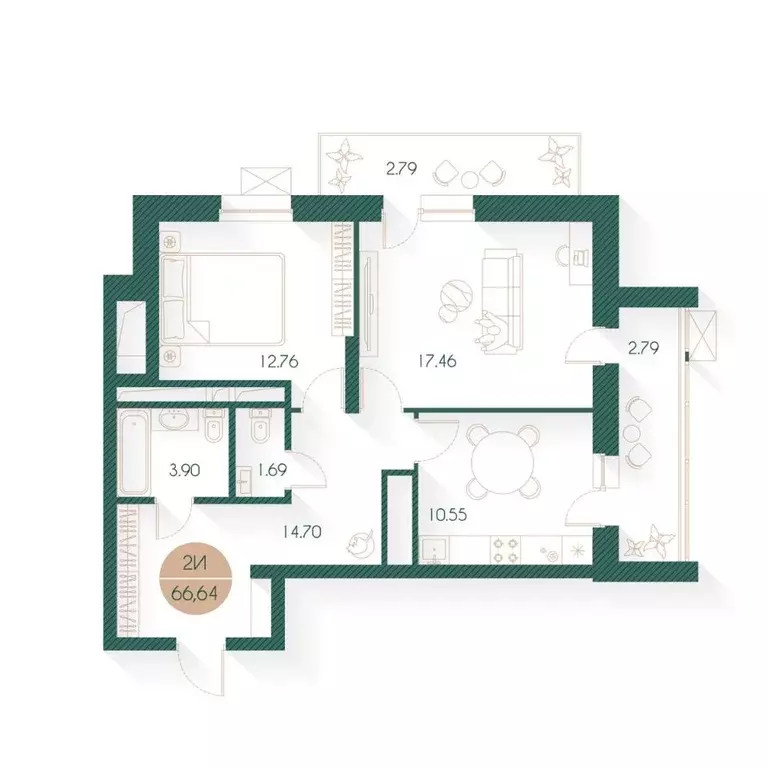 2-к кв. Татарстан, Казань Родины мкр, Наследие жилой комплекс (66.64 ... - Фото 1