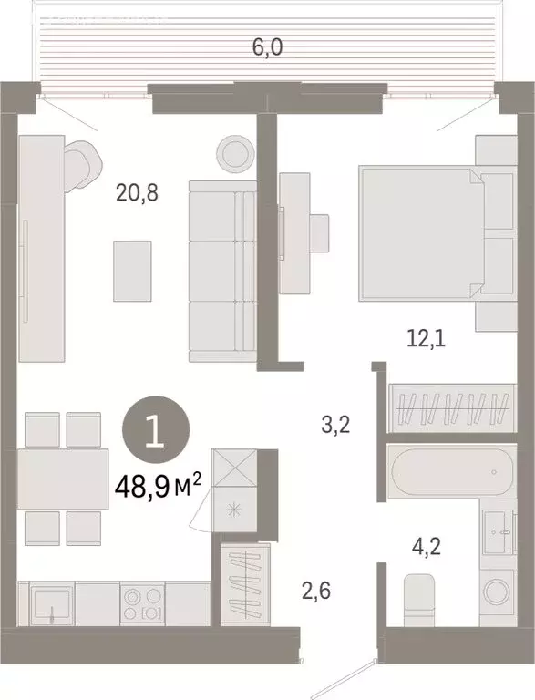 1-комнатная квартира: Тюмень, Ленинский округ (48.88 м) - Фото 1