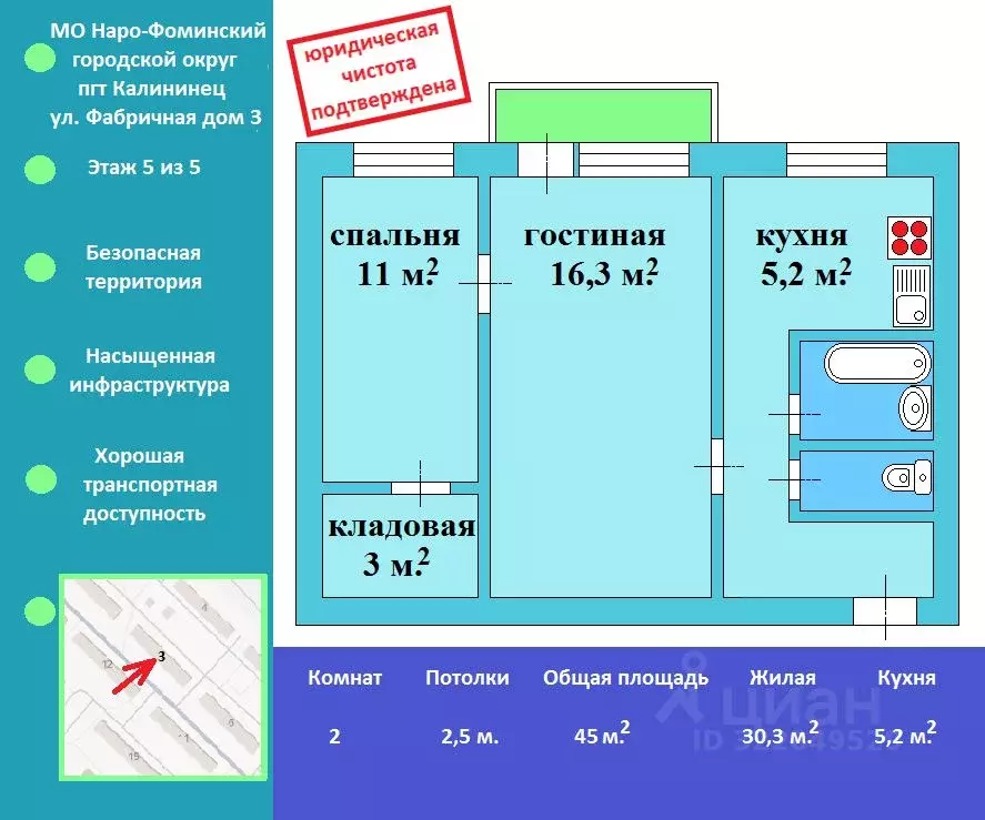 2-к кв. Московская область, Наро-Фоминский городской округ, Калининец ... - Фото 1