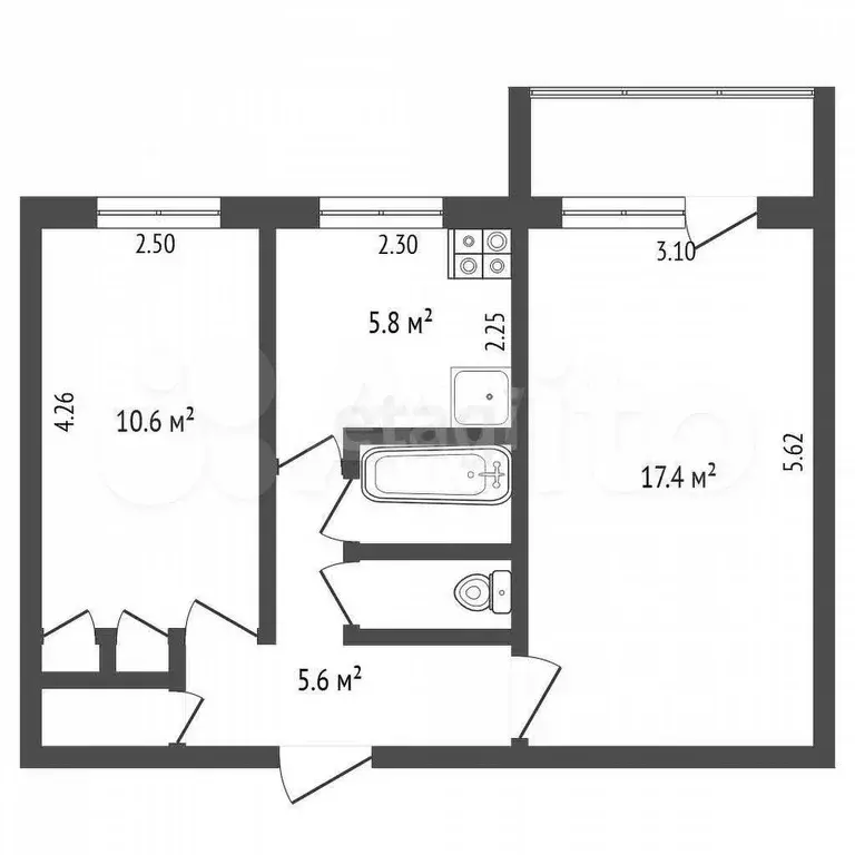 2-к. квартира, 44,4 м, 2/5 эт. - Фото 0