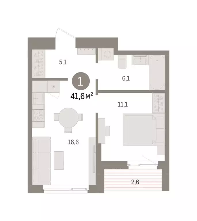 1-комнатная квартира: Пермь, микрорайон Крохалева (41.56 м) - Фото 2