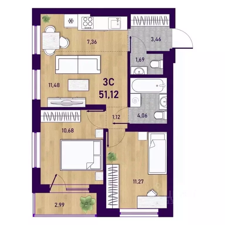 3-к кв. Новосибирская область, Новосибирск Пермская ул., 12к2 (51.12 ... - Фото 1