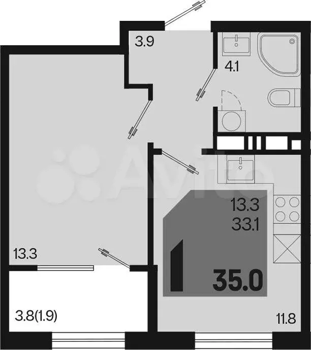 1-к. квартира, 35м, 4/9эт. - Фото 1