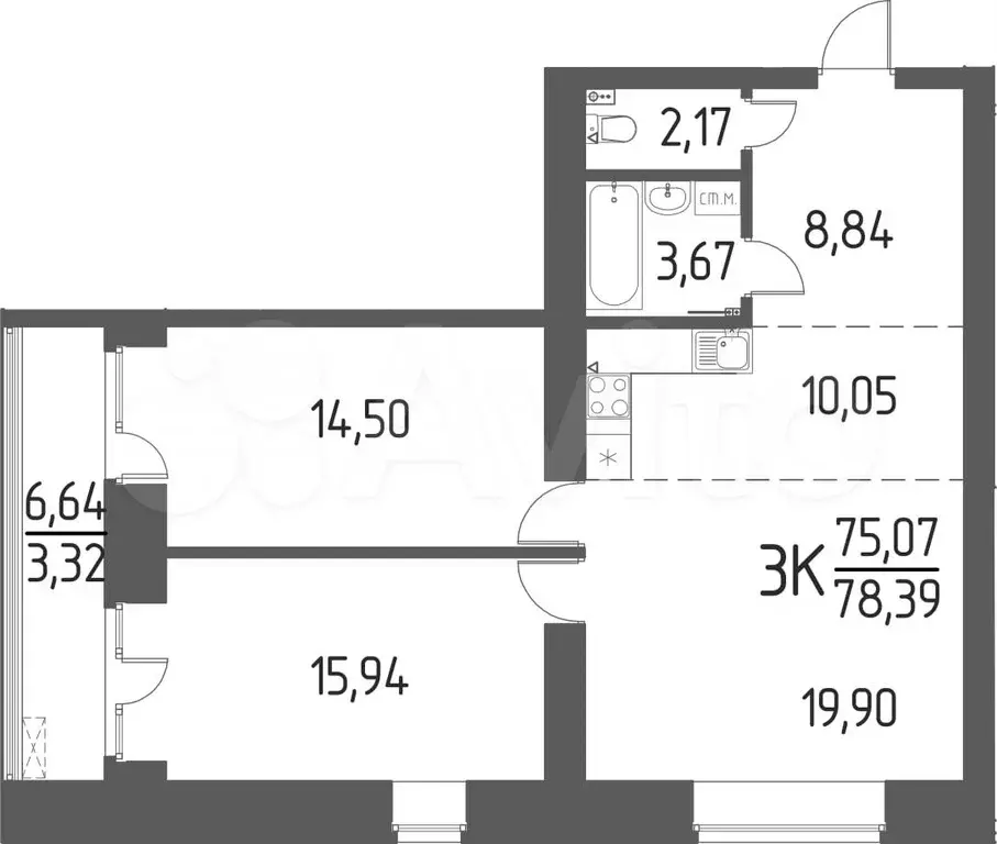 3-к. квартира, 78,7 м, 2/5 эт. - Фото 0