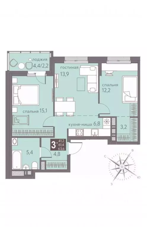 3-к кв. Пермский край, Пермь ул. Серебристая, 12/1 (61.1 м) - Фото 1