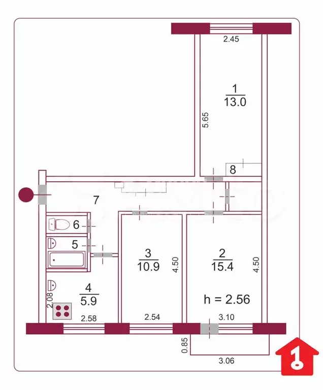 3-к. квартира, 58,4 м, 4/5 эт. - Фото 0