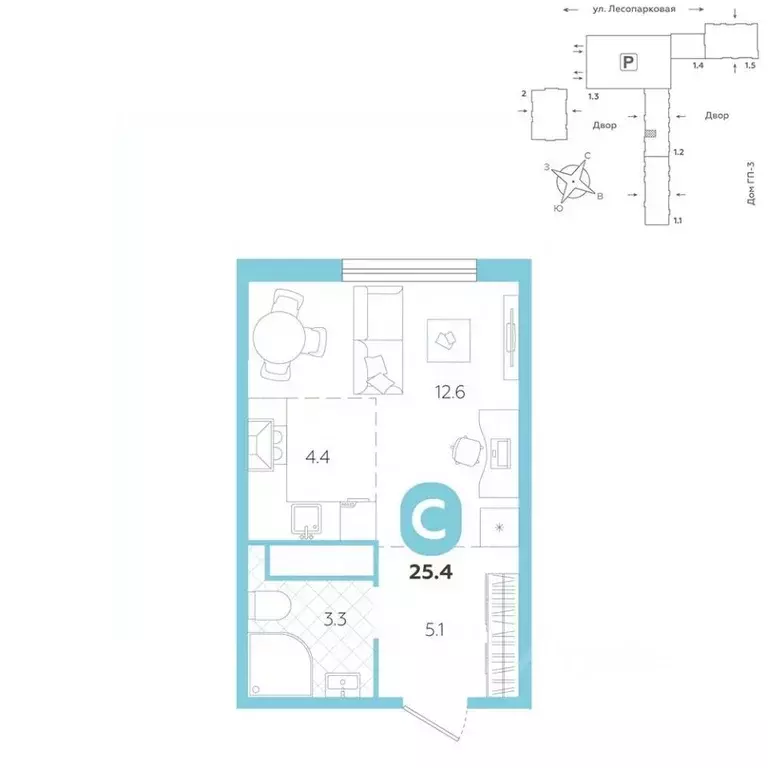 Студия Тюменская область, Тюмень ул. Лесопарковая, 22 (25.4 м) - Фото 1