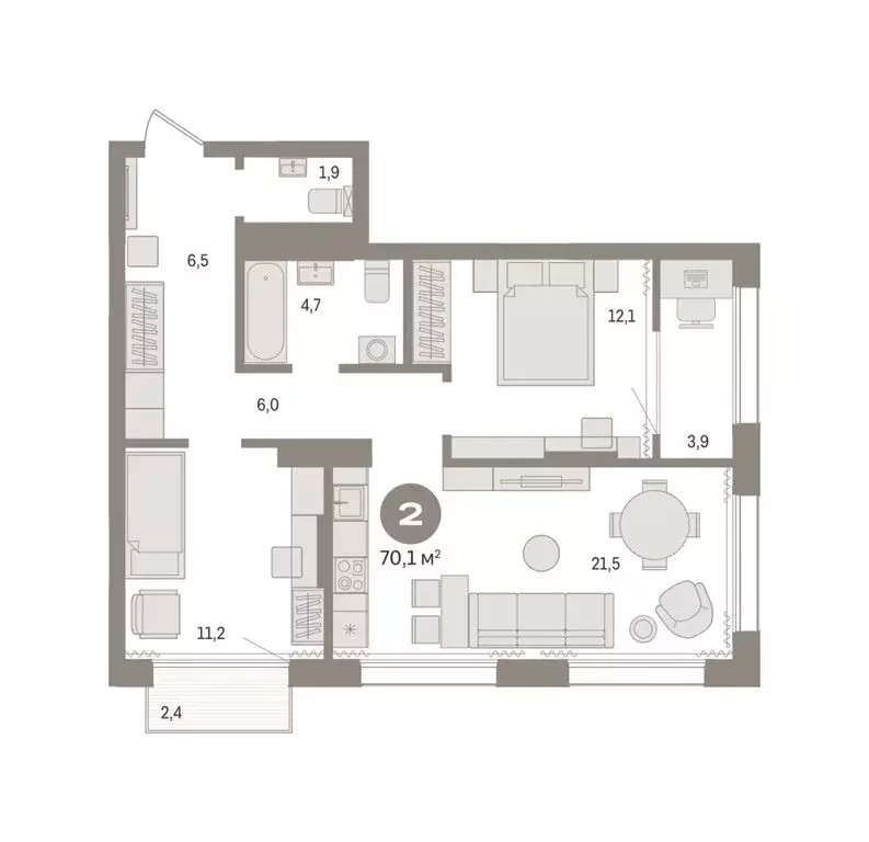 2-комнатная квартира: Тюмень, Краснооктябрьская улица, 4 (70.09 м) - Фото 1