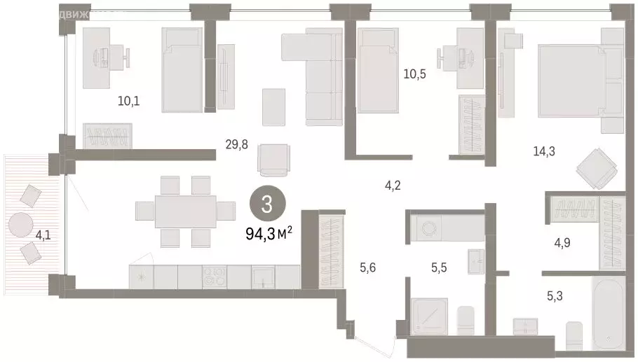 3-комнатная квартира: Тюмень, Урайская улица (94.3 м) - Фото 2