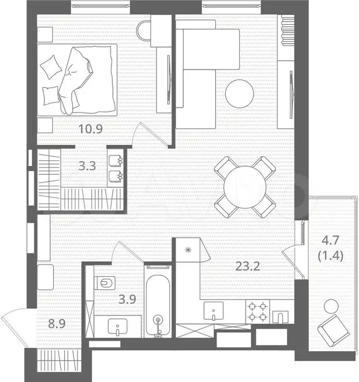 1-к. квартира, 54,9 м, 2/7 эт. - Фото 1
