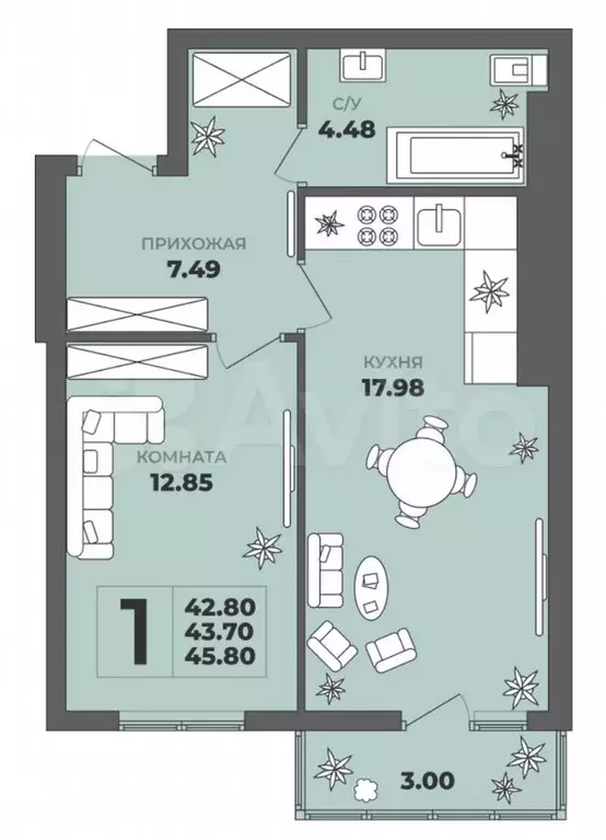 1-к. квартира, 43,7 м, 3/8 эт. - Фото 1
