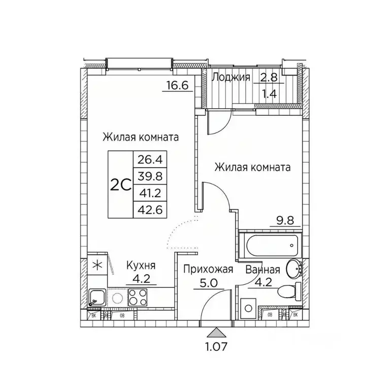 2-к кв. Приморский край, Владивосток ул. Расула Гамзатова, 7к2 (42.6 ... - Фото 1
