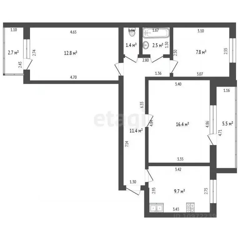 3-к кв. Башкортостан, Стерлитамак Вокзальная ул., 13 (62.0 м) - Фото 1