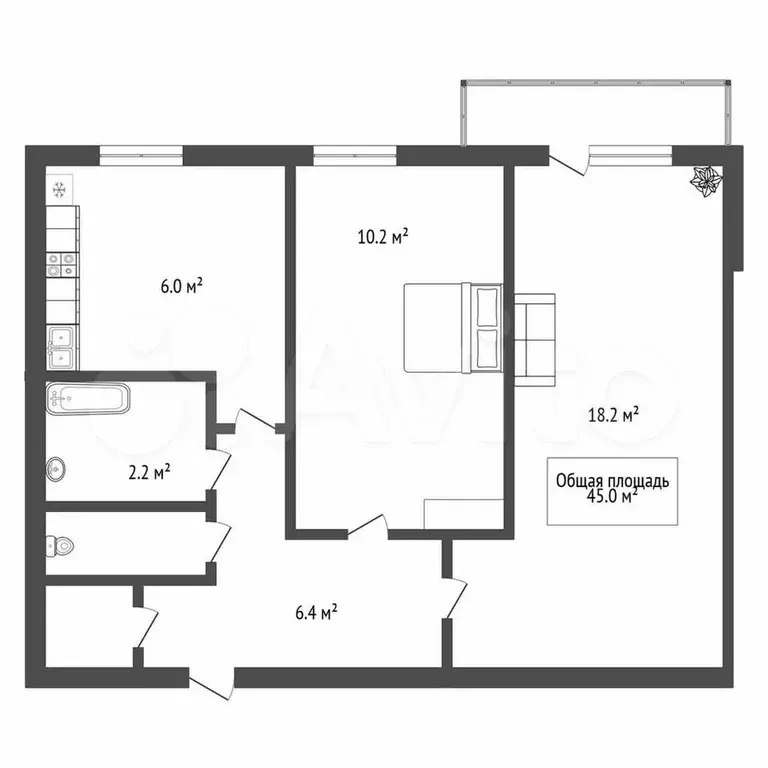 2-к. квартира, 45 м, 9/9 эт. - Фото 0