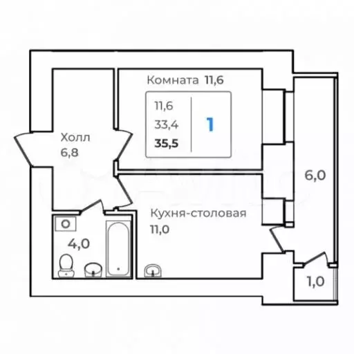 1-к. квартира, 35,5 м, 6/14 эт. - Фото 0