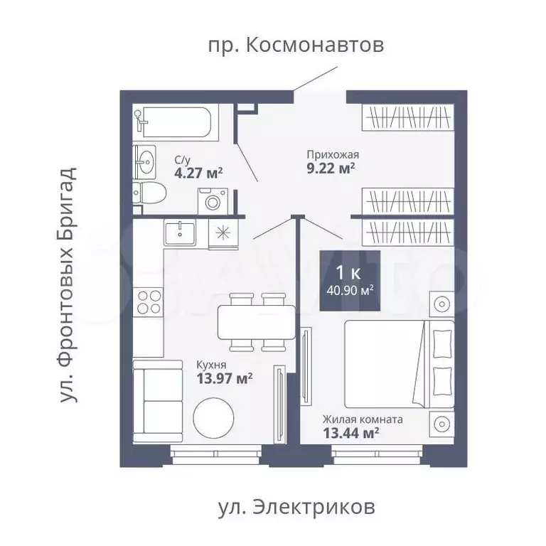 1-к. квартира, 40,9 м, 1/17 эт. - Фото 0