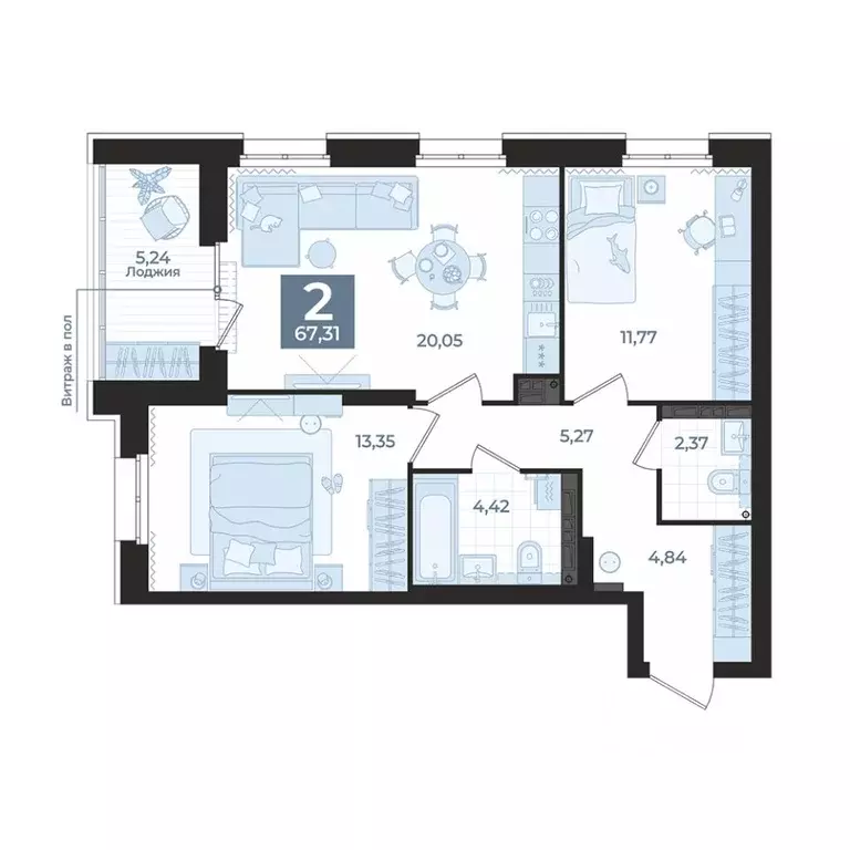 2-к кв. Свердловская область, Екатеринбург ул. Викулова, 41Б (67.31 м) - Фото 1