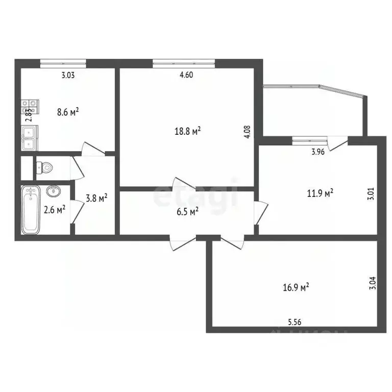 3-к кв. Челябинская область, Челябинск ул. Трашутина, 35 (70.1 м) - Фото 2