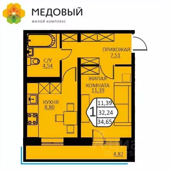 1-к кв. Пермский край, д. Кондратово ул. Н.М. Яблокова, 6 (34.65 м) - Фото 0